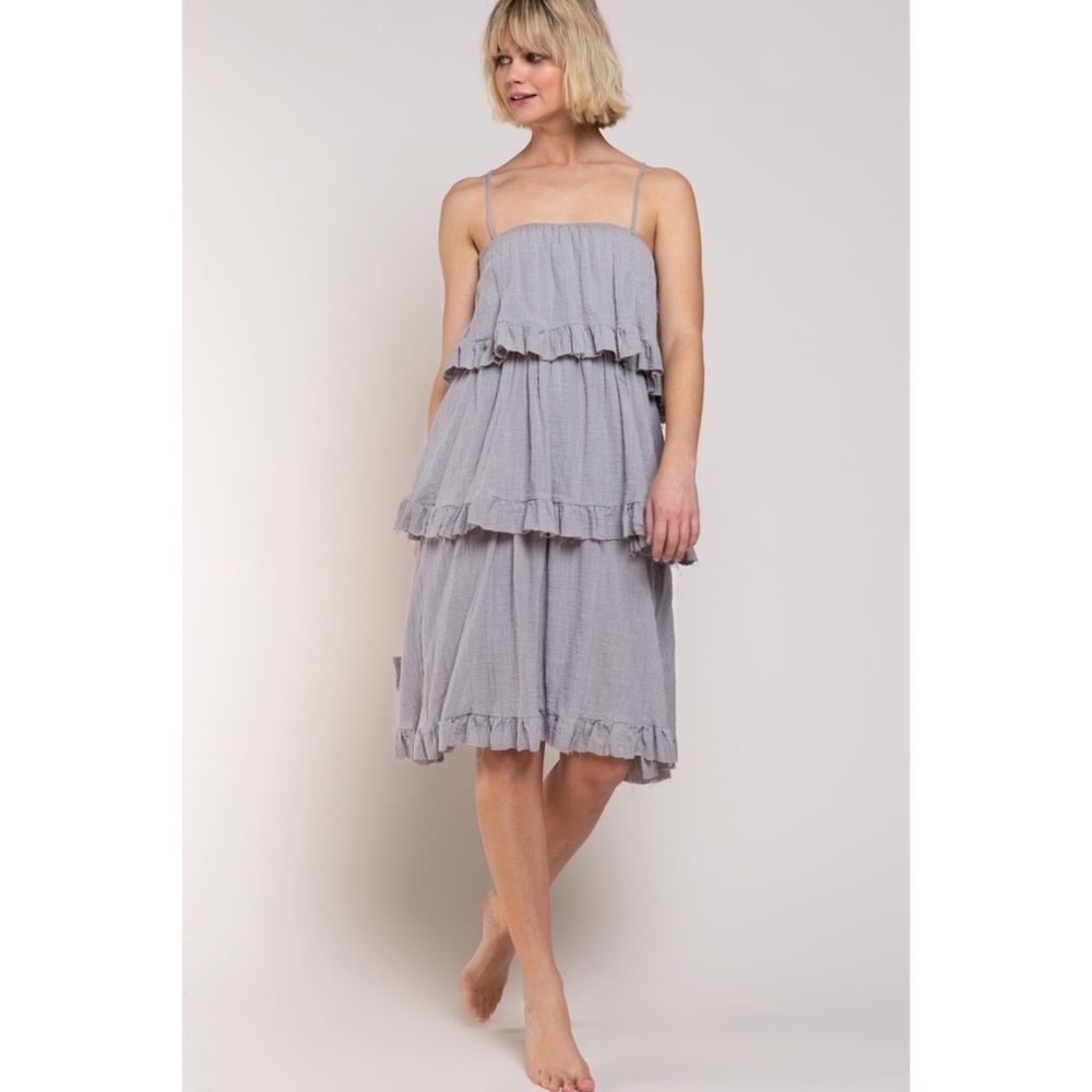 POL Grey Spaghetti Strap Ruffle Tiered Linen Dress - Picture 6 of 6